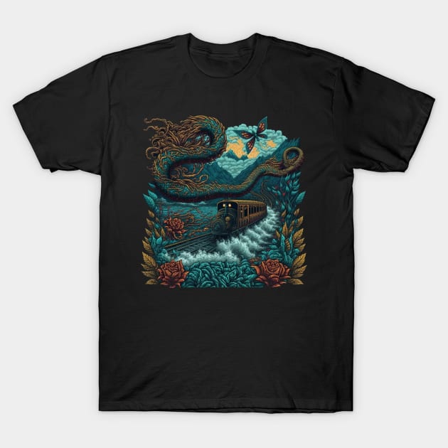 Flying steam train with crashing waves and snakes T-Shirt by Zachariya420